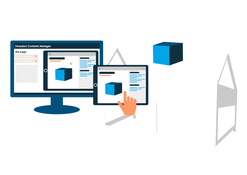 illustration représentant l'interactivité entre l'application holusion content manager, holusion companion et un hologramme